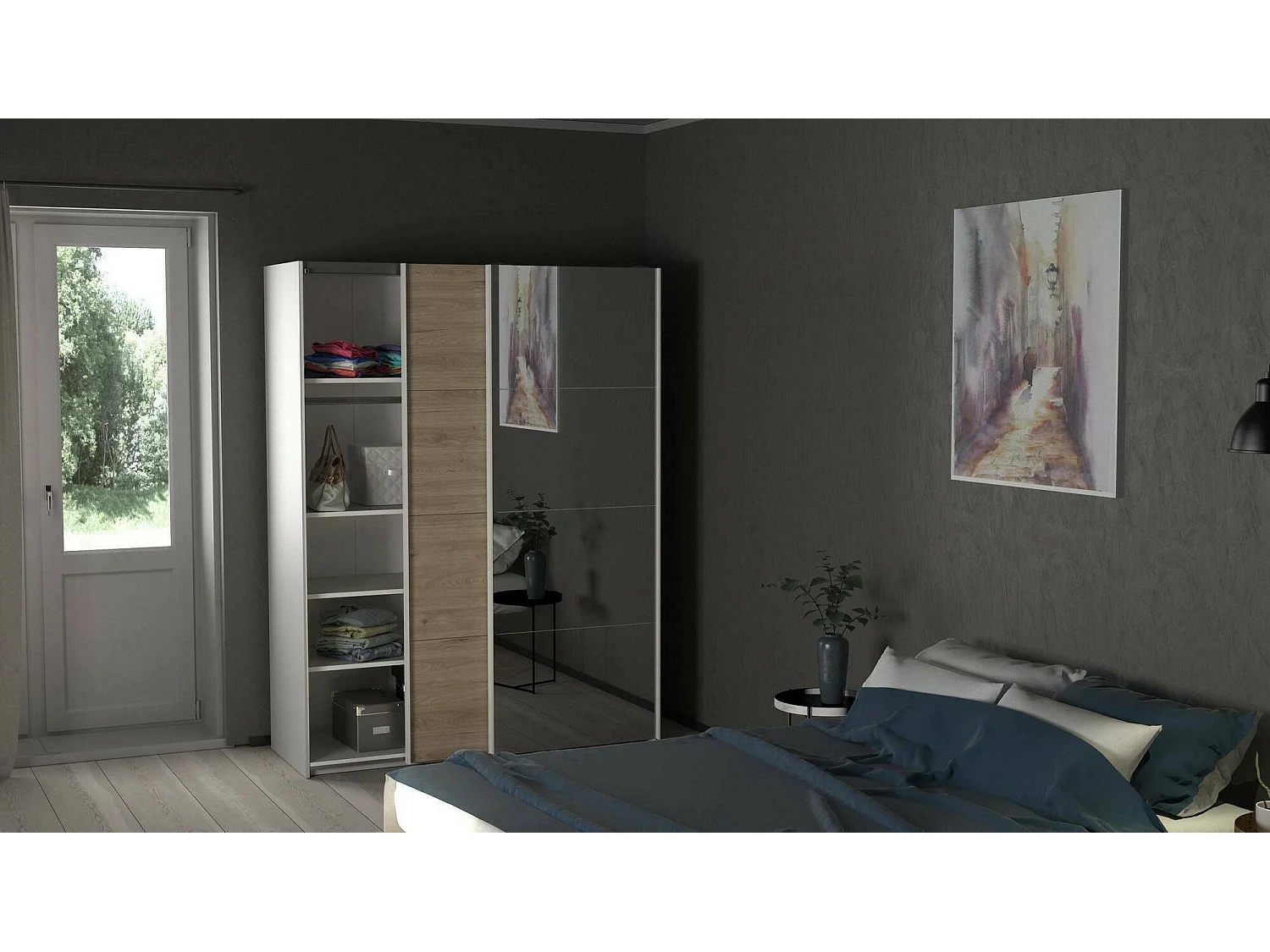 Garde-robe 2 portes Dspur, Meubles de chambre, Penderie de plain-pied, Placard à vêtements, 150x61 h200 cm, Blanc et Chêne clair