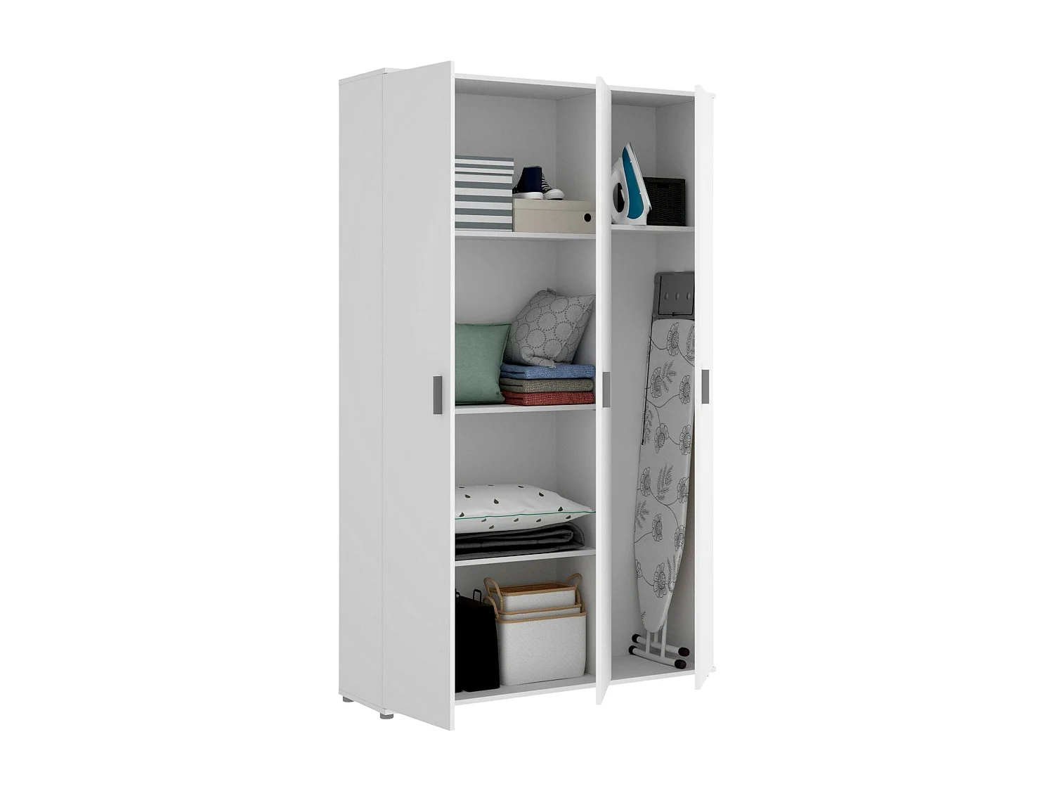 Armoire polyvalente Sillano, Armoire porte-balai multifonctionnelle, armoire 3 portes, 116x35h190 cm, Blanc