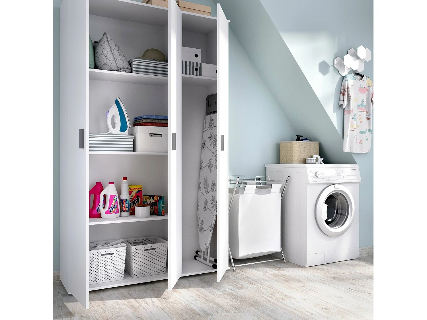 Armoire polyvalente Sillano, Armoire porte-balai multifonctionnelle, armoire 3 portes, 116x35h190 cm, Blanc