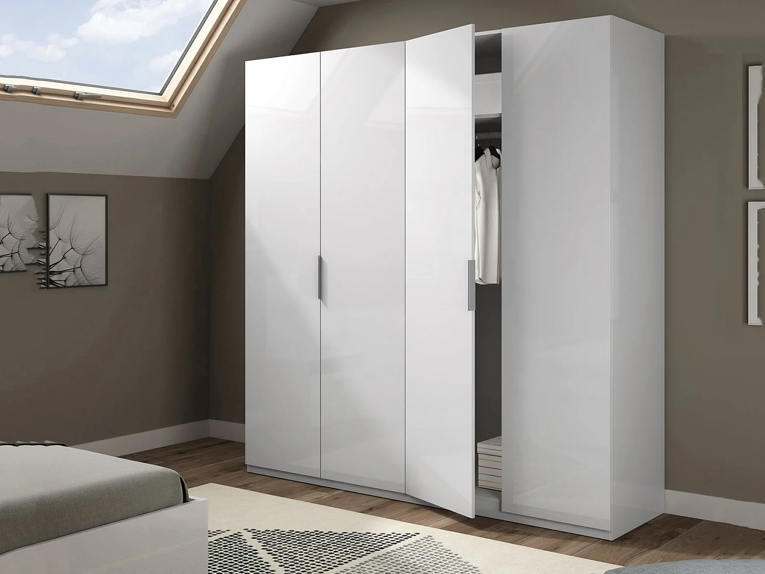 Armoire Dfusell, Armoire de chambre avec 4 portes battantes, Armoire avec 2 étagères et tringle à vêtements, 180x52h200 cm, Blanc