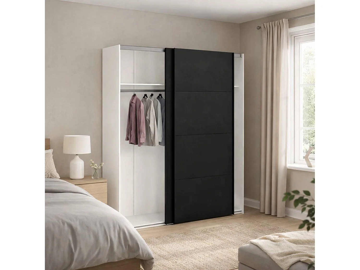 Garde-robe 2 portes Portlouis, Meubles de chambre, Penderie de plain-pied, Placard à vêtements, 182x62 h220 cm, Noir et Blanc