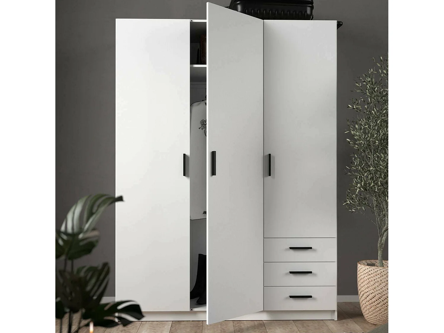 Garde-robe 3 portes Dsenk, Meubles de chambre, Penderie de plain-pied, Placard à vêtements, 147x50 h200 cm, Blanc