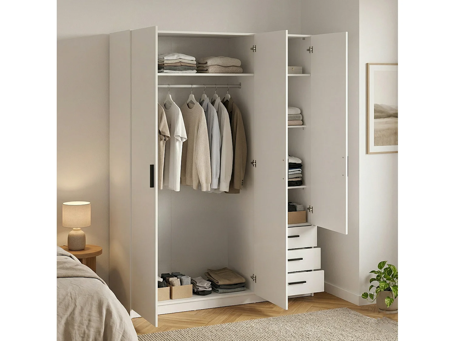 Garde-robe 3 portes Dsenk, Meubles de chambre, Penderie de plain-pied, Placard à vêtements, 147x50 h200 cm, Blanc