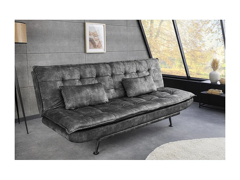 Sofá cama convertible SERENO gris oscuro – Sofá de 3 plazas en terciopelo acolchado