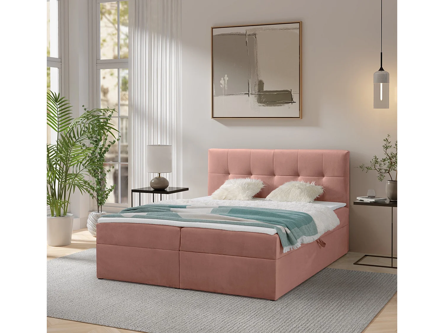 Lit continental toronto - 140x200 cm vieux rose amor velvet 4328 - lit double coffre