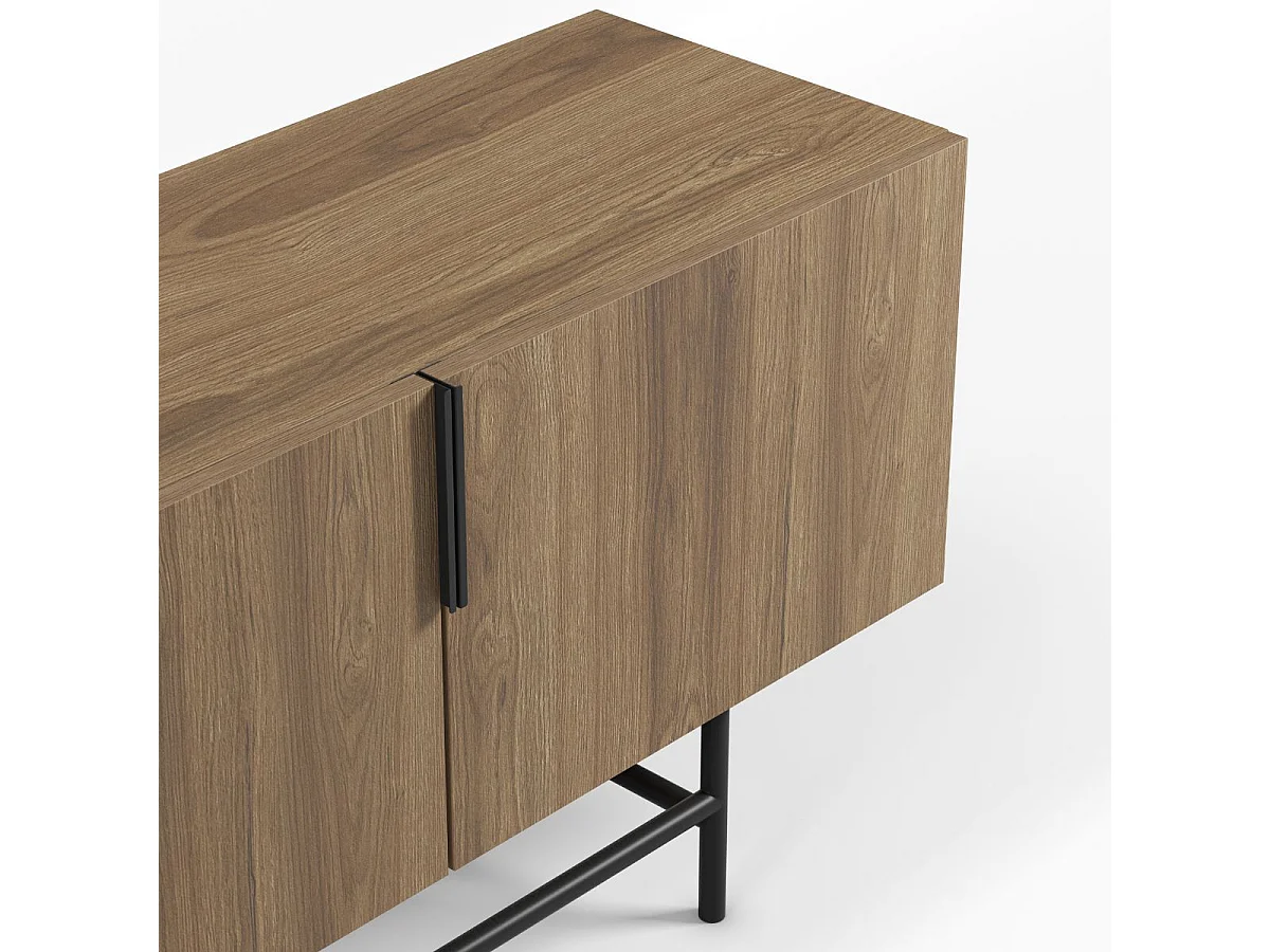 Meuble TV 4 portes en mélaminé imitation bois et piètement et poignées en métal laqué noir - ALDINE