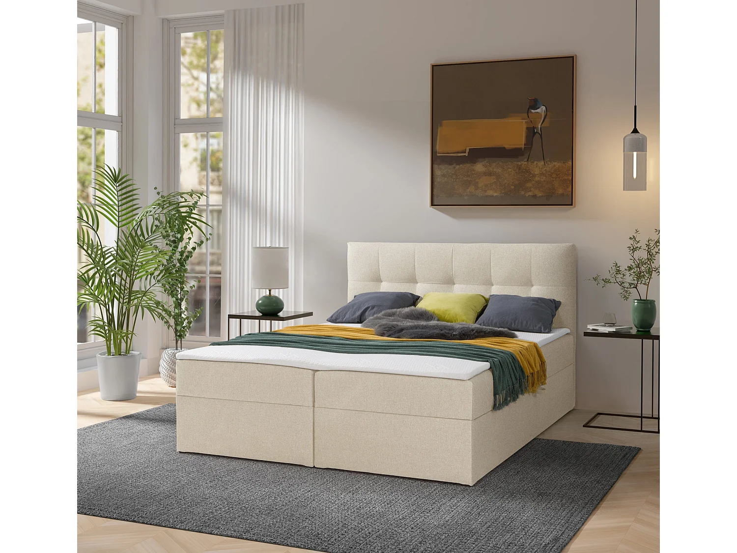 Boxspringbett toronto - 160x200 cm creme herbi 45 - webstoff bettkasten