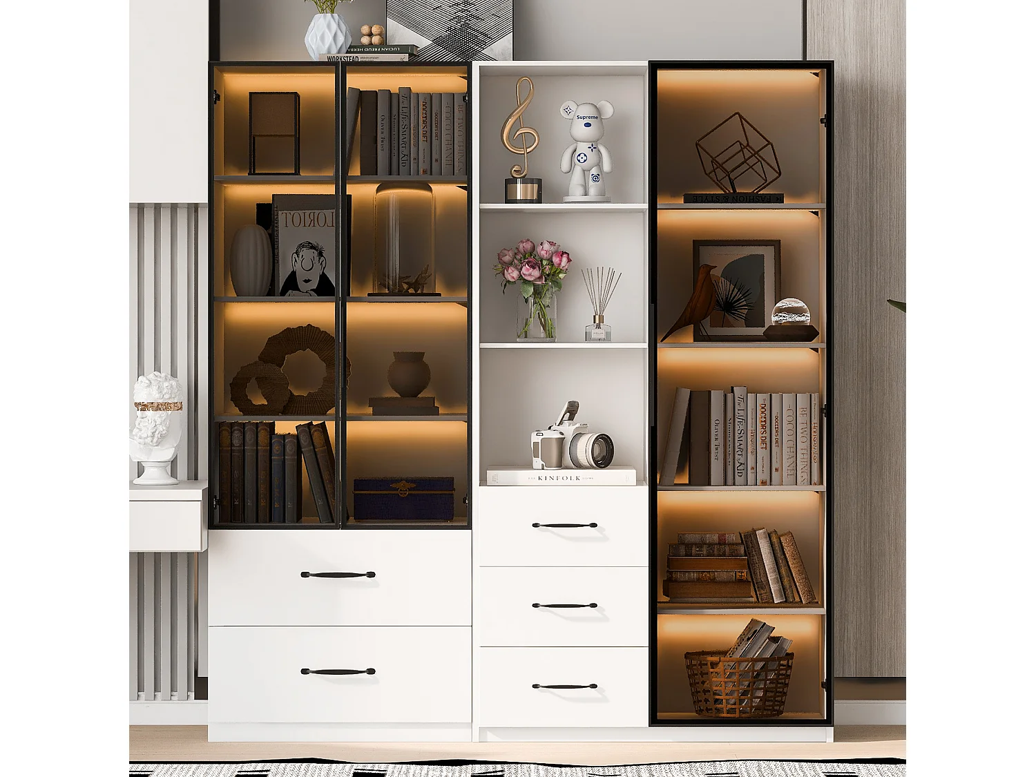 Vitrine Modulaire - 2 Portes Vitrées, 5 Tiroirs - Éclairage LED RGB Intégré - 140 x 40 x 160 cm - Panneau De Particules Avec Verre Sécurisé - Blanc