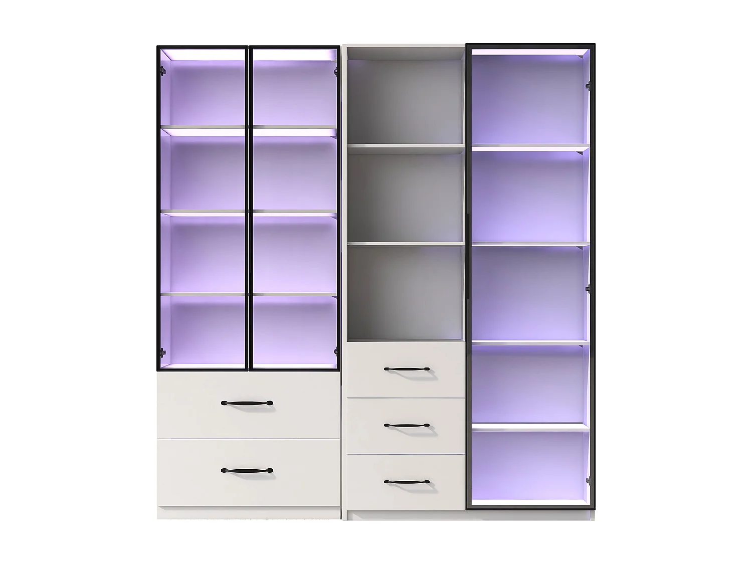 Vitrine Modulaire - 2 Portes Vitrées, 5 Tiroirs - Éclairage LED RGB Intégré - 140 x 40 x 160 cm - Panneau De Particules Avec Verre Sécurisé - Blanc