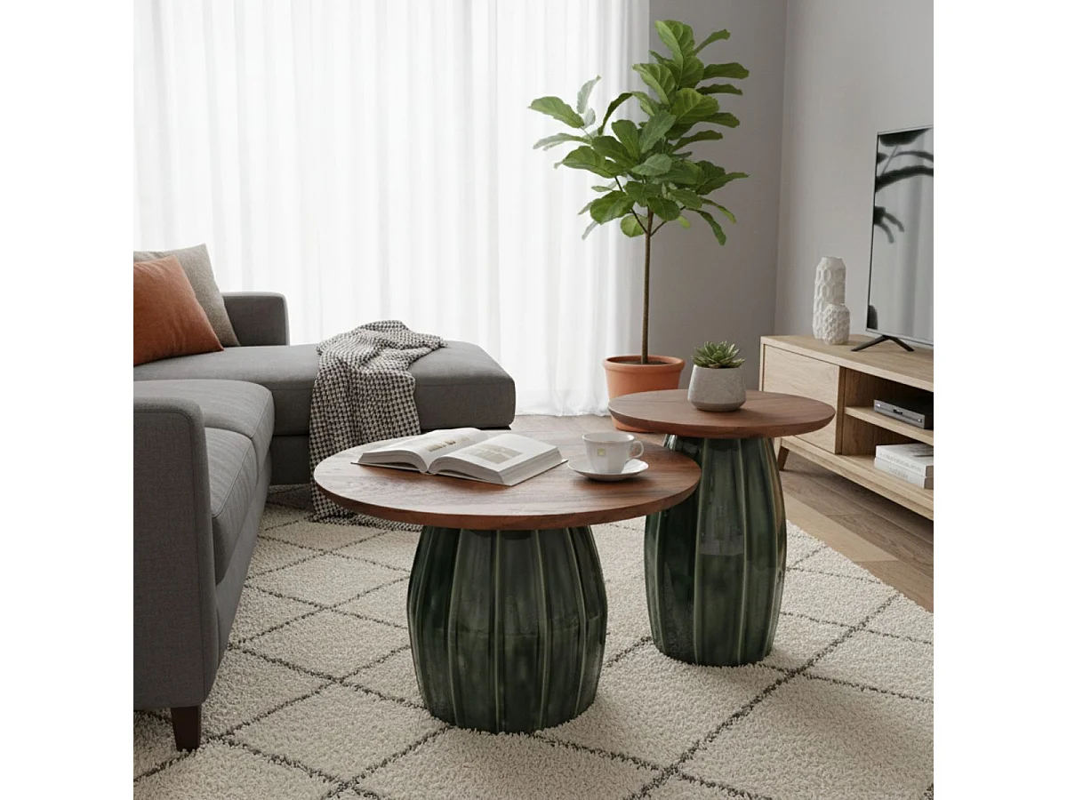 Lot de 2 tables basses rondes plateau en acacia et pied central en acier émaillé vert - JADE