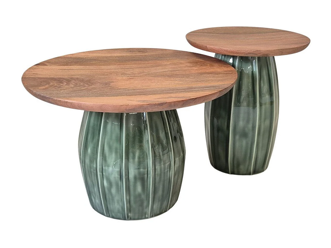 Lot de 2 tables basses rondes plateau en acacia et pied central en acier émaillé vert - JADE