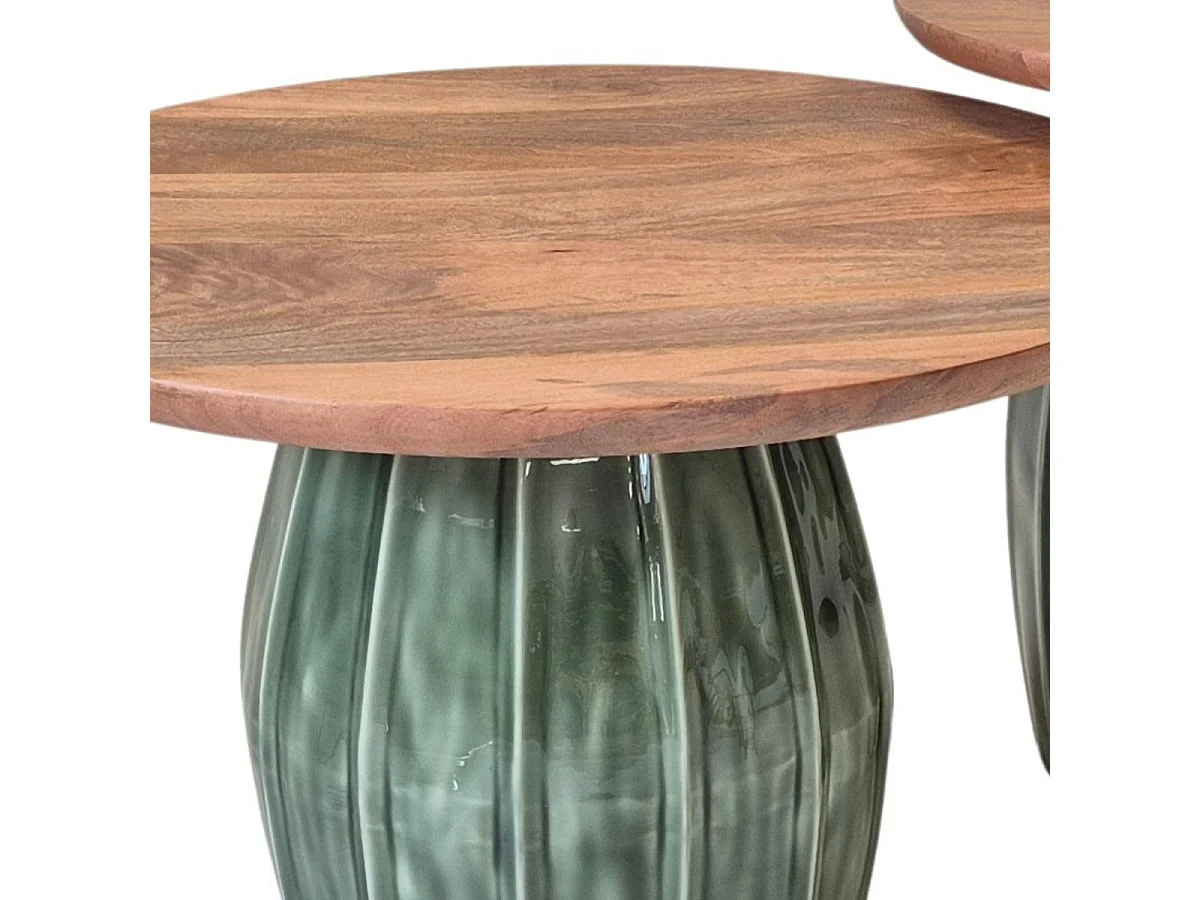 Lot de 2 tables basses rondes plateau en acacia et pied central en acier émaillé vert - JADE