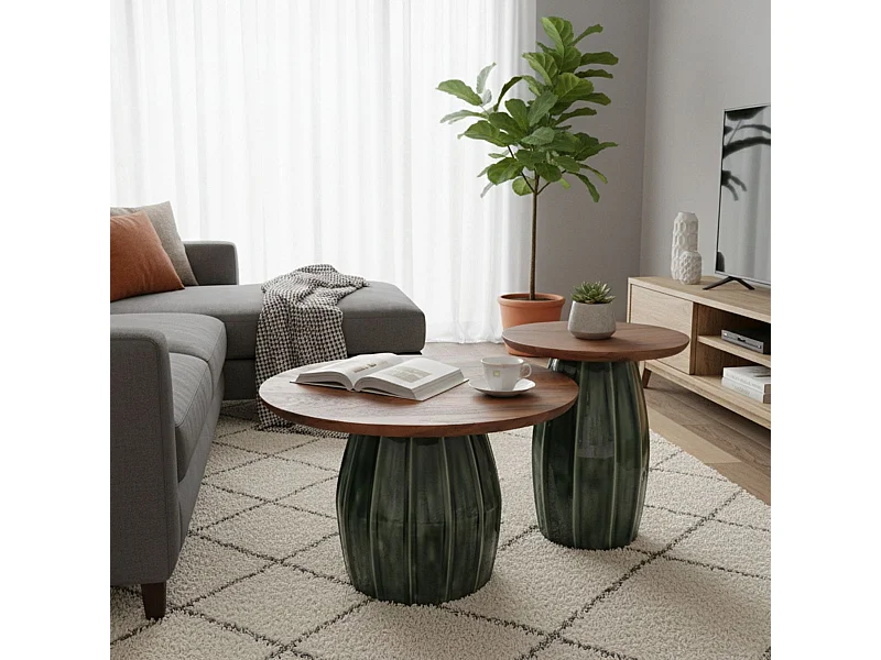 Lot de 2 tables basses rondes plateau en acacia et pied central en acier émaillé vert - JADE