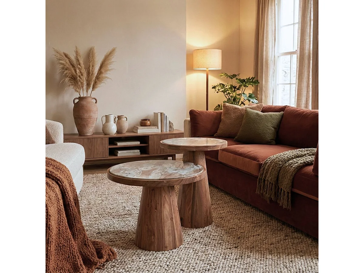 Lot de 2 tables basses rondes base en acacia avec plateau supérieur en marbre - NESTIA