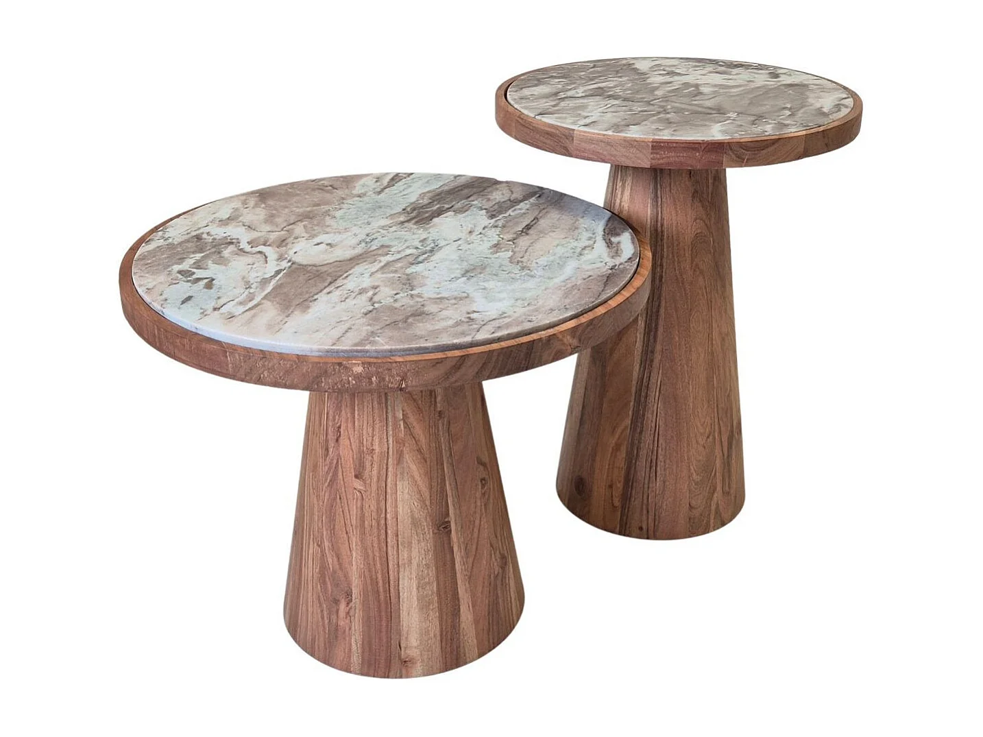 Lot de 2 tables basses rondes base en acacia avec plateau supérieur en marbre - NESTIA
