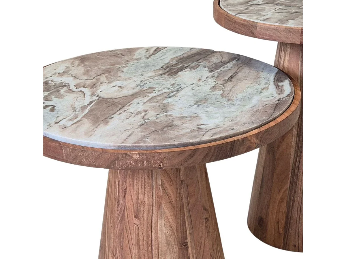Lot de 2 tables basses rondes base en acacia avec plateau supérieur en marbre - NESTIA