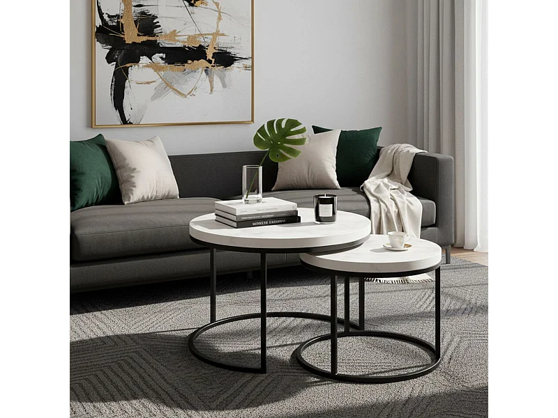 Table Basse Gigogne Aspect Bois finition marbre blanc Piètement Métal Noir - MARMOL