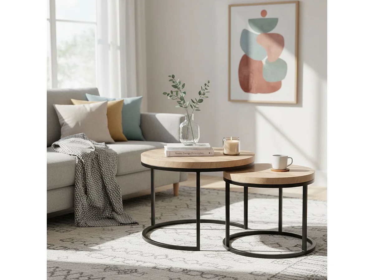 CANYON - Table Basse Gigogne Aspect Bois finition Canyon Piètement Métal Noir