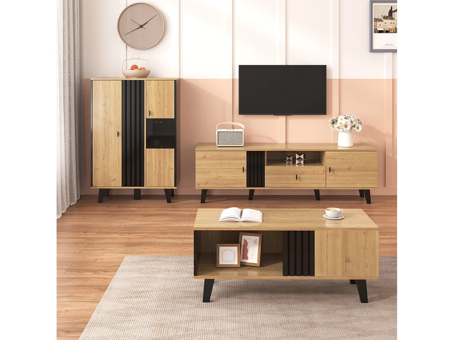 Ensemble Salon 3 Pièces - Table Basse Avec Rangement - Meuble TV 170 x 40 x 50,5 cm - Buffet LED - Panneau De Particules+Verre - Noir+Bois