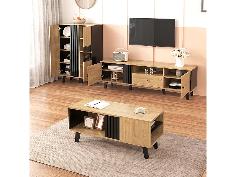 Ensemble Salon 3 Pièces - Table Basse Avec Rangement - Meuble TV 170 x 40 x 50,5 cm - Buffet LED - Panneau De Particules+Verre - Noir+Bois