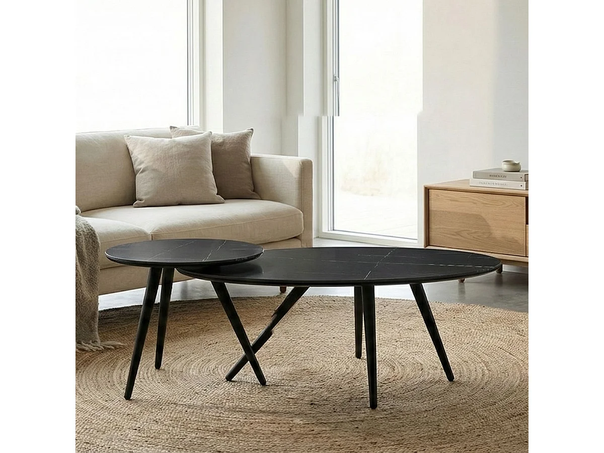 Lot de 2 tables basses plateau MDF placage céramique noir marbré piètement métal - SHADOW