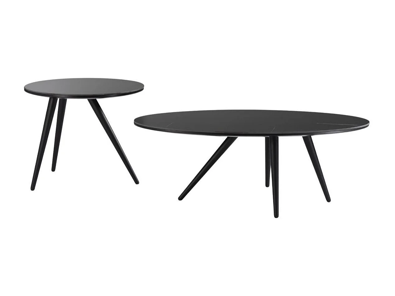 Lot de 2 tables basses plateau MDF placage céramique noir marbré piètement métal - SHADOW