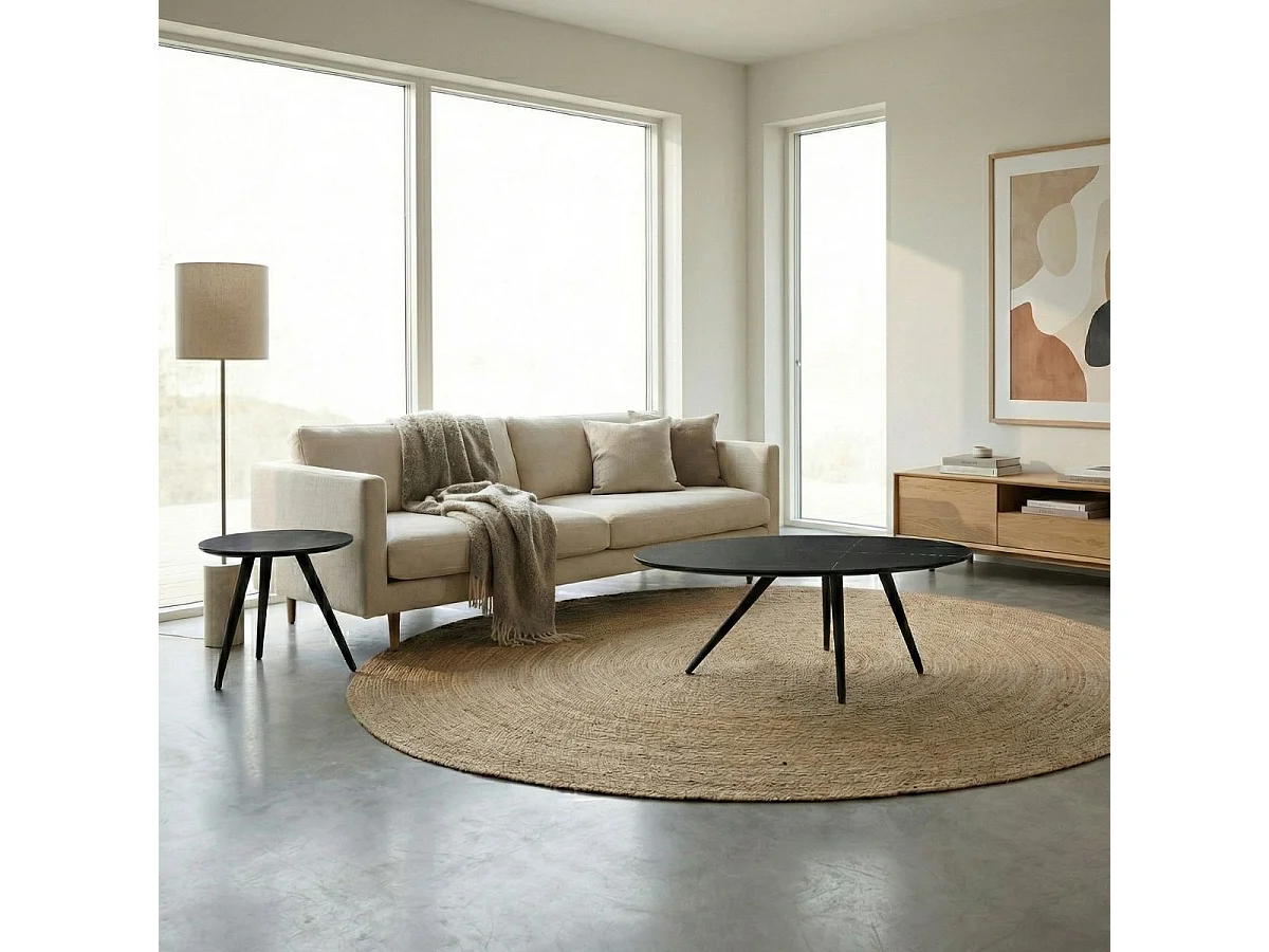 Lot de 2 tables basses plateau MDF placage céramique noir marbré piètement métal - SHADOW