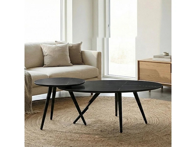 Lot de 2 tables basses plateau MDF placage céramique noir marbré piètement métal - SHADOW