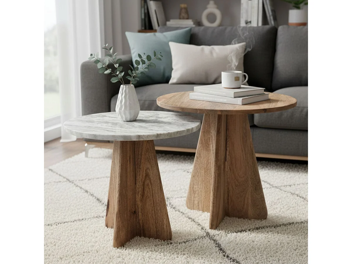 Lot 2 de tables basses rondes plateaux acacia et marbre pieds centraux en acacia - OASIS