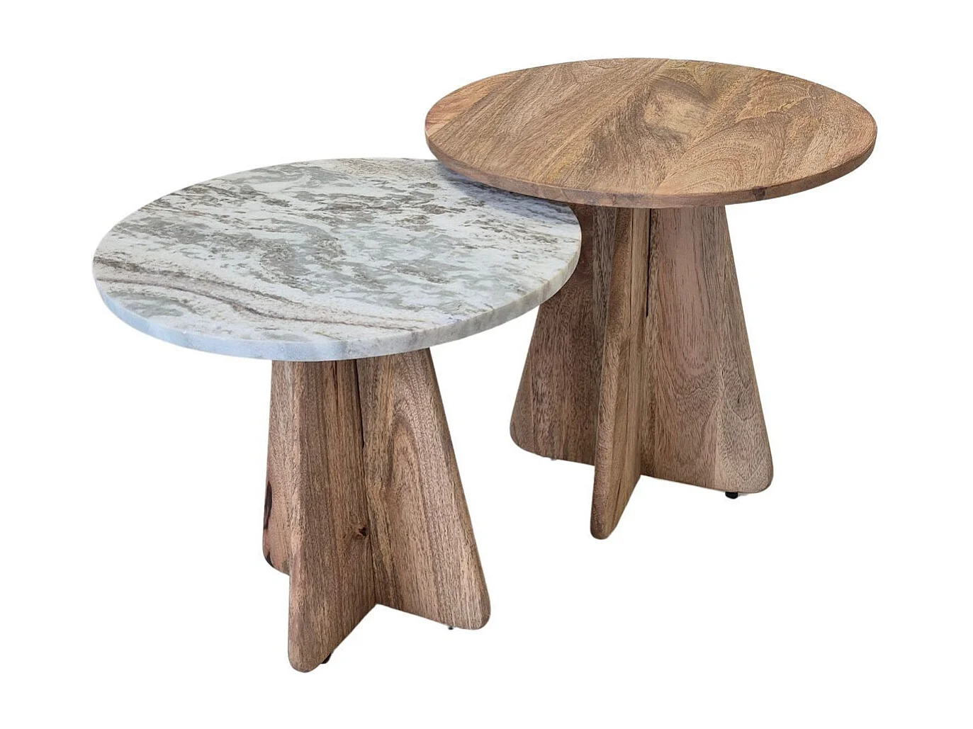 Lot 2 de tables basses rondes plateaux acacia et marbre pieds centraux en acacia - OASIS