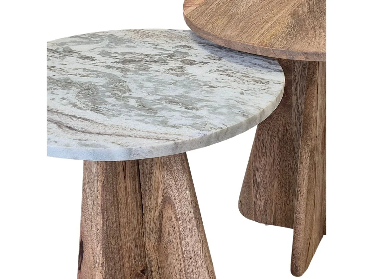 Lot 2 de tables basses rondes plateaux acacia et marbre pieds centraux en acacia - OASIS