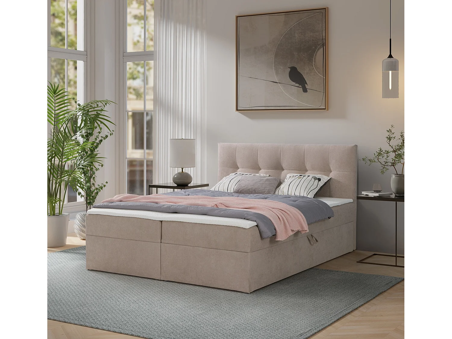 Boxspringbett toronto - 160x200 cm hellbeige gerra 15 - bouclé bettkasten