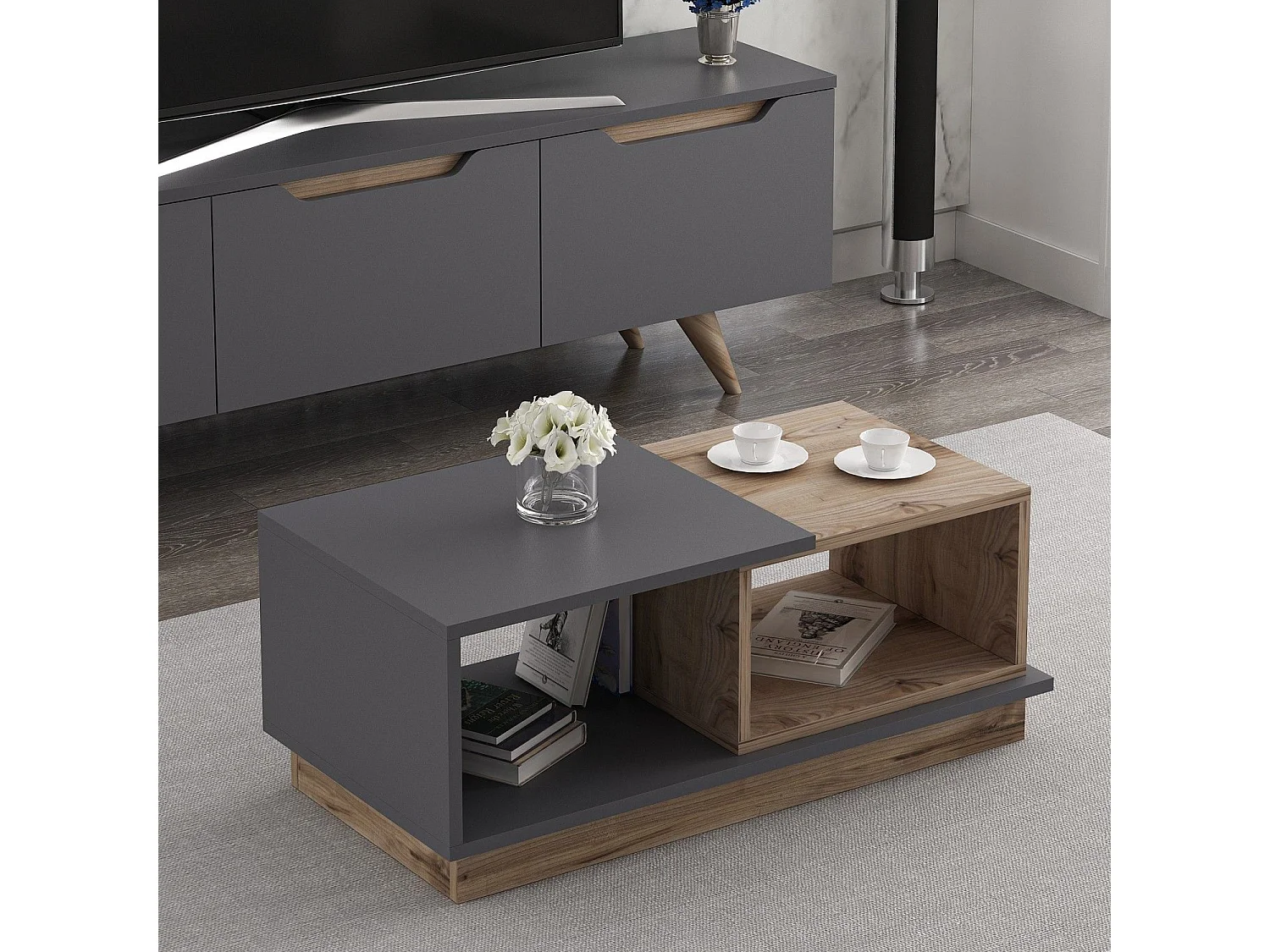 Table basse Ophilia L90xP45cm Chêne et Anthracite