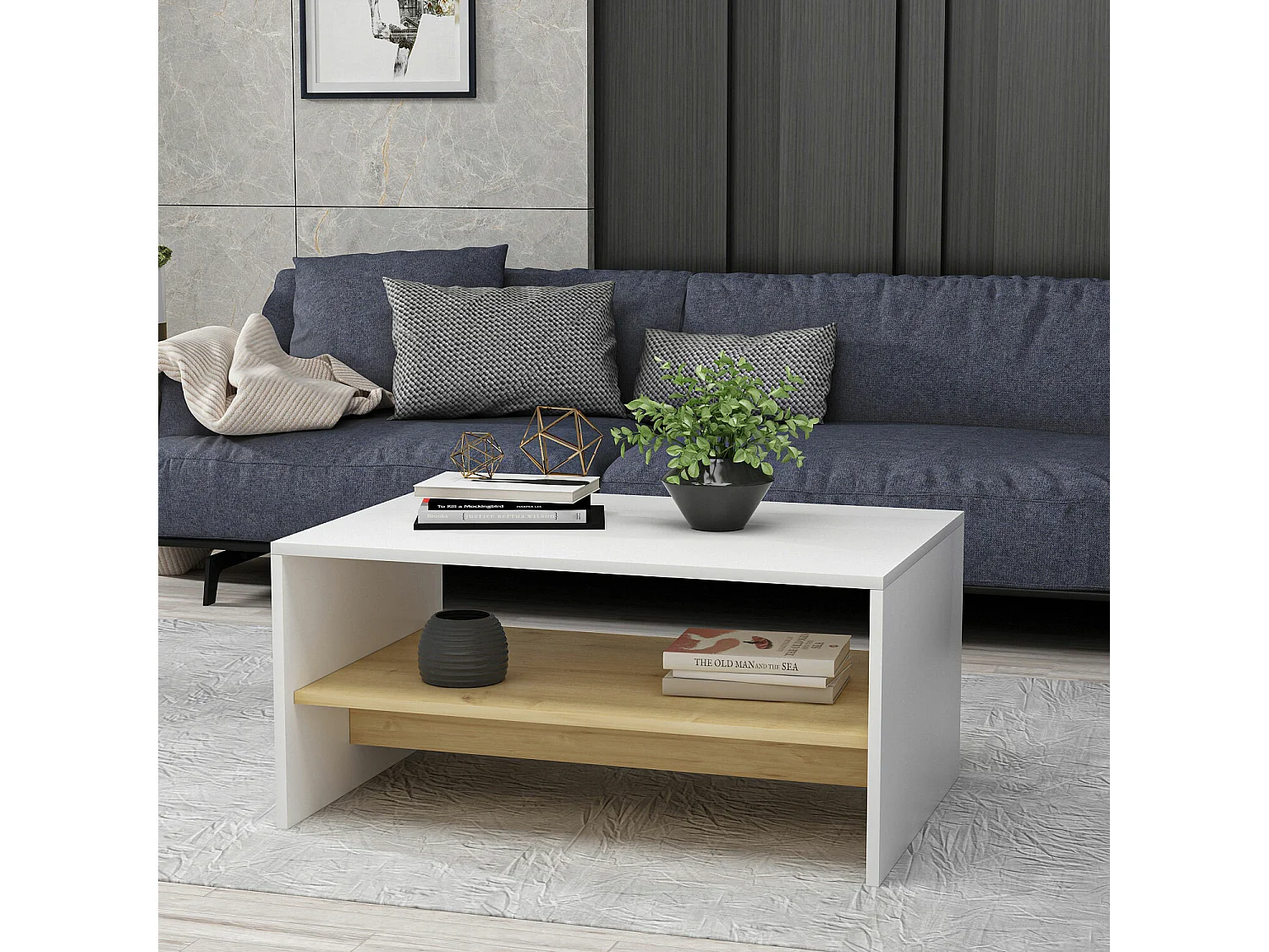 Table Basse en bois "Apollon" - 45 x 90 x 46 cm - Blanc, Chêne Saphir