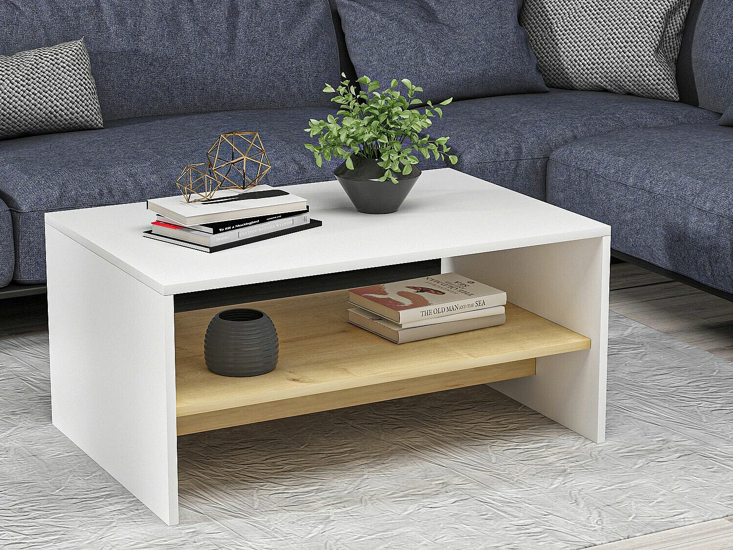 Table Basse en bois "Apollon" - 45 x 90 x 46 cm - Blanc, Chêne Saphir