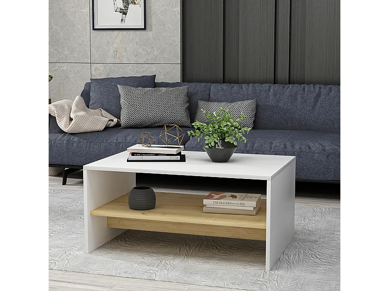 Table Basse en bois "Apollon" - 45 x 90 x 46 cm - Blanc, Chêne Saphir