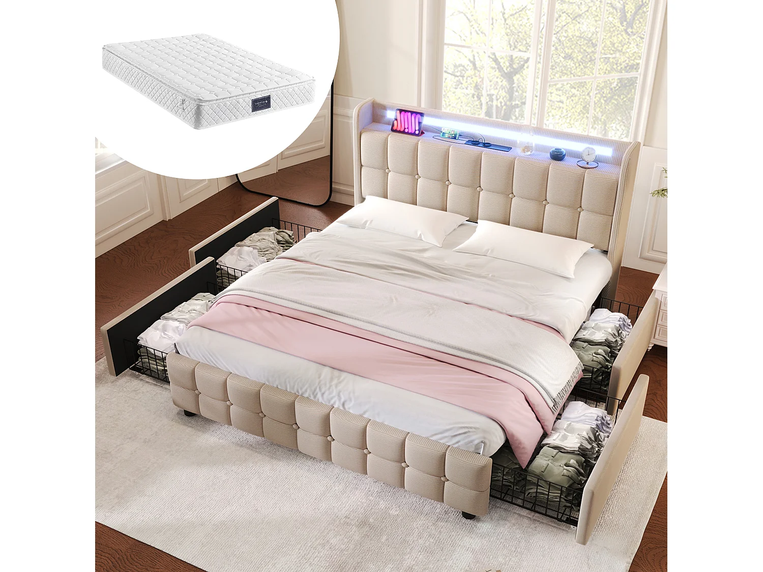 Lit double rembourré 140x200 cm avec USB, LED et 4 tiroirs, tête avec rangement, sommier bois, tissu beige, avec matelas