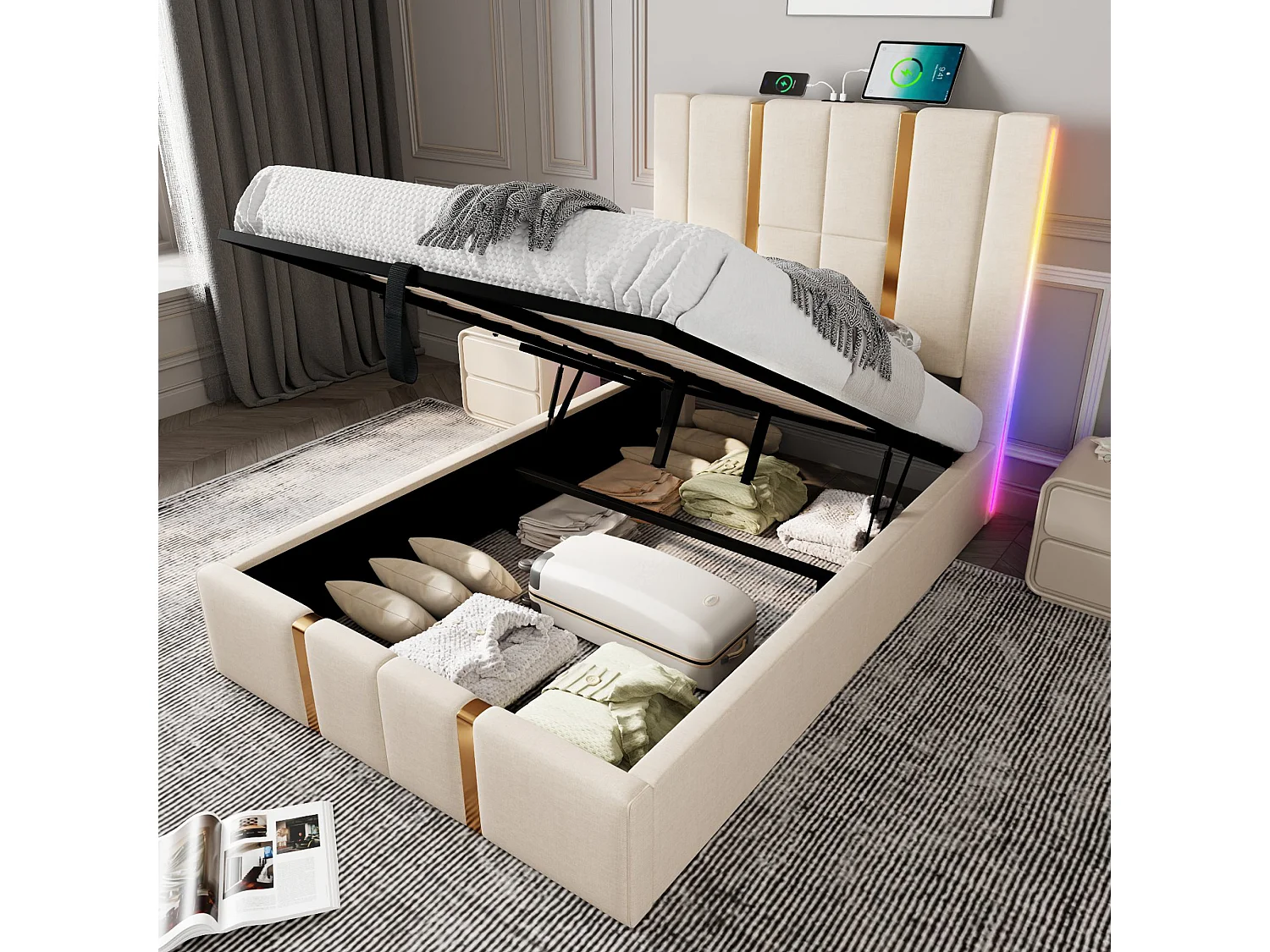 Gepolsterd Bed Eenpersoons USB Type C Met Fonction Van Charge, App-control, LED, 90x200, Opbergruimte, Linnen Beige (met Matras)