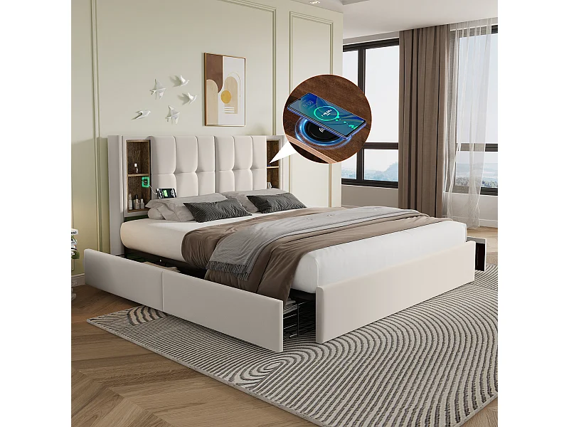 Lit rembourré double avec charge sans fil USB C et 4 tiroirs, 160×200, sommier bois, velours beige (avec matelas)