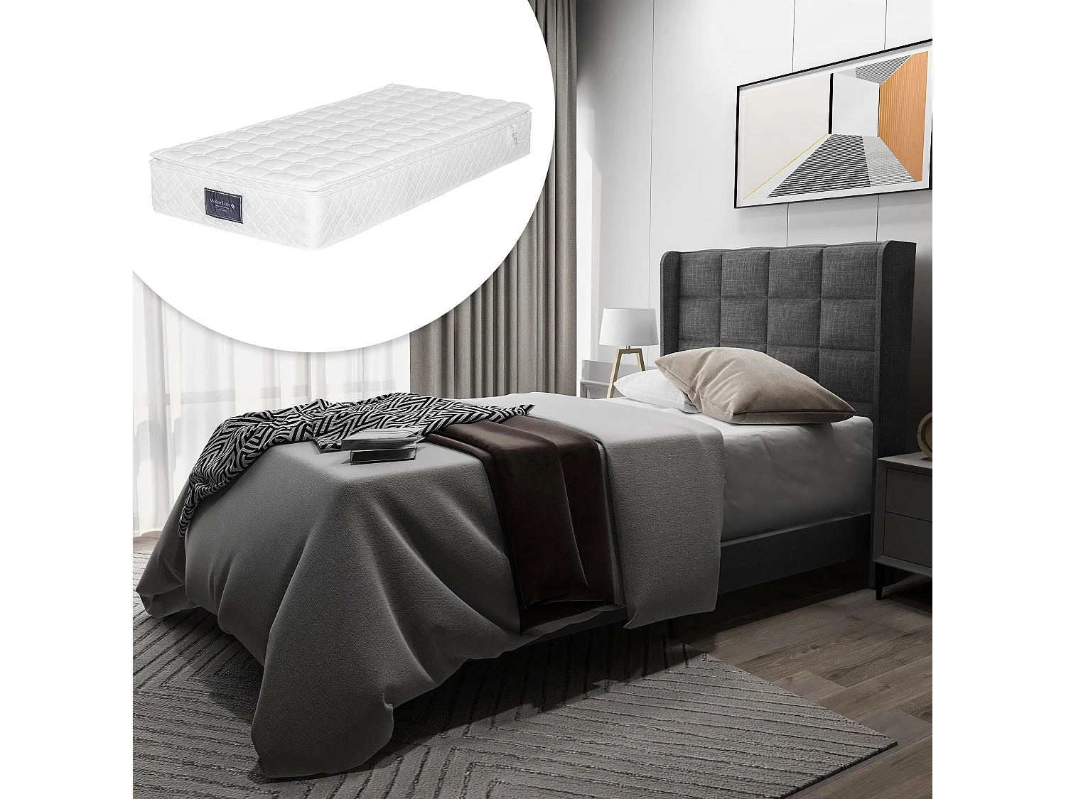 Lit rembourré simple 90x200 cm, tête capitonnée, sommier inclus, lin gris, matelas à ressorts, confort moyen