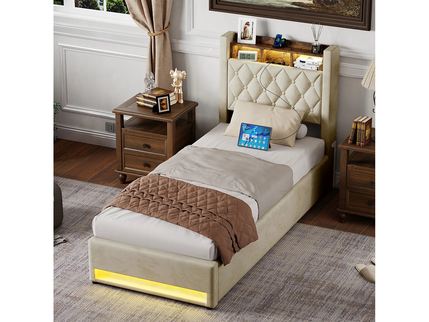 Lit 90x200 Cm, Soft, Met Led, Ports USB en Type-c, Grand Espace Van Rangement, Beige