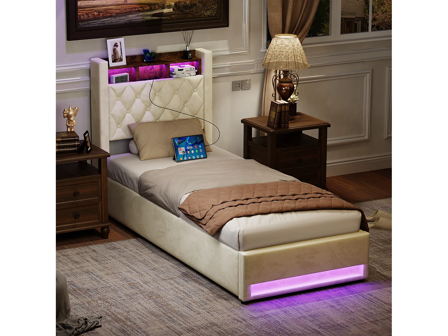 Lit 90x200 Cm, Soft, Met Led, Ports USB en Type-c, Grand Espace Van Rangement, Beige