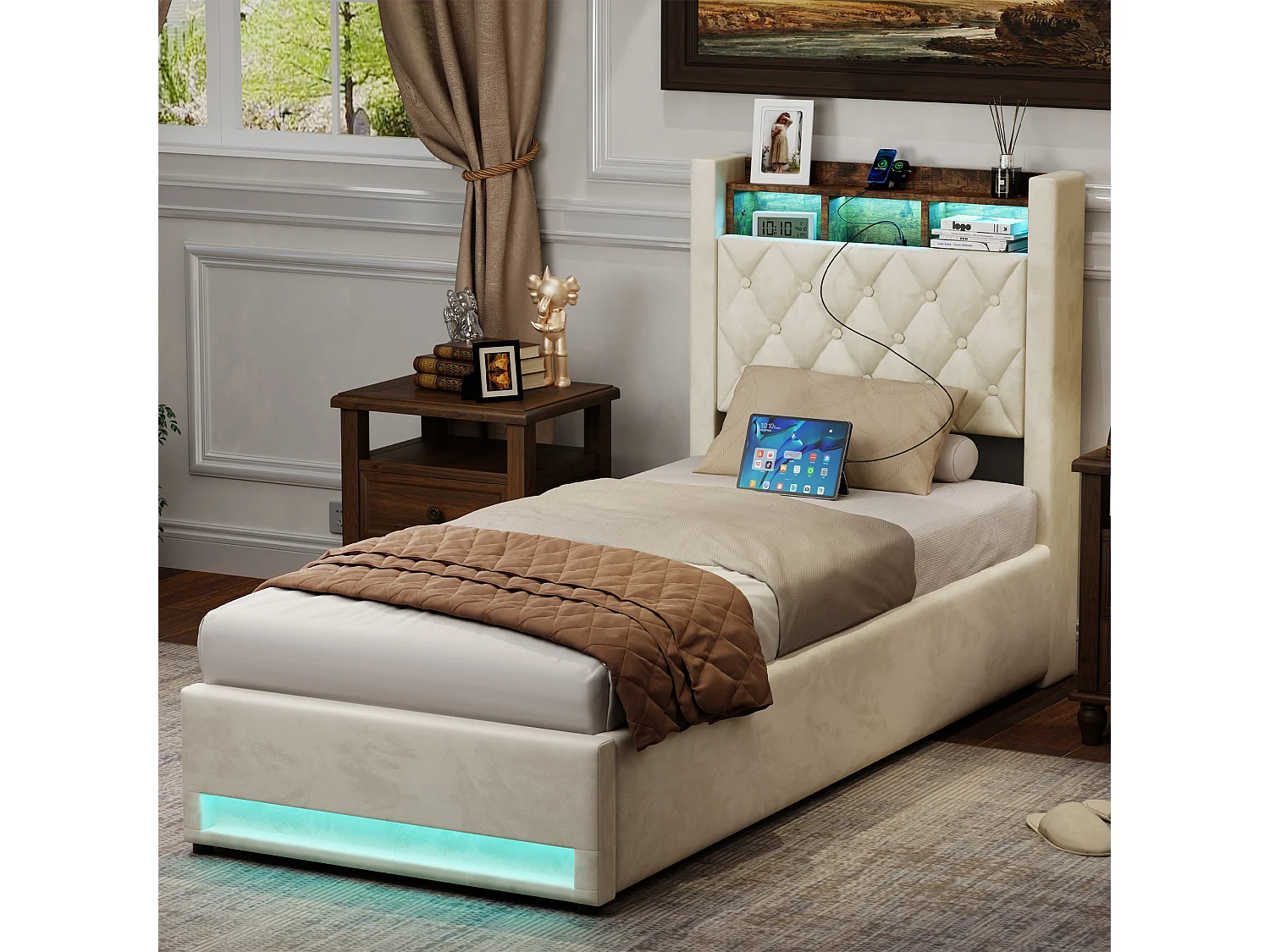 Lit 90x200 Cm, Soft, Met Led, Ports USB en Type-c, Grand Espace Van Rangement, Beige