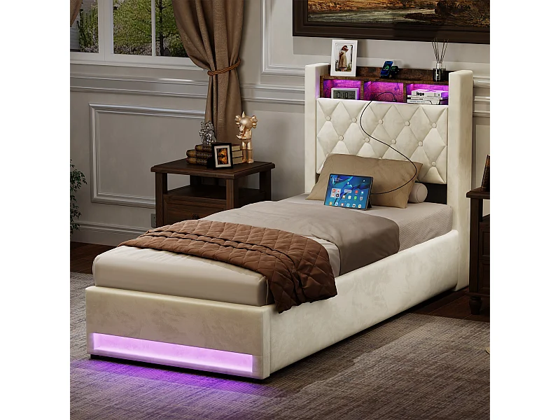 Lit 90x200 Cm, Soft, Met Led, Ports USB en Type-c, Grand Espace Van Rangement, Beige