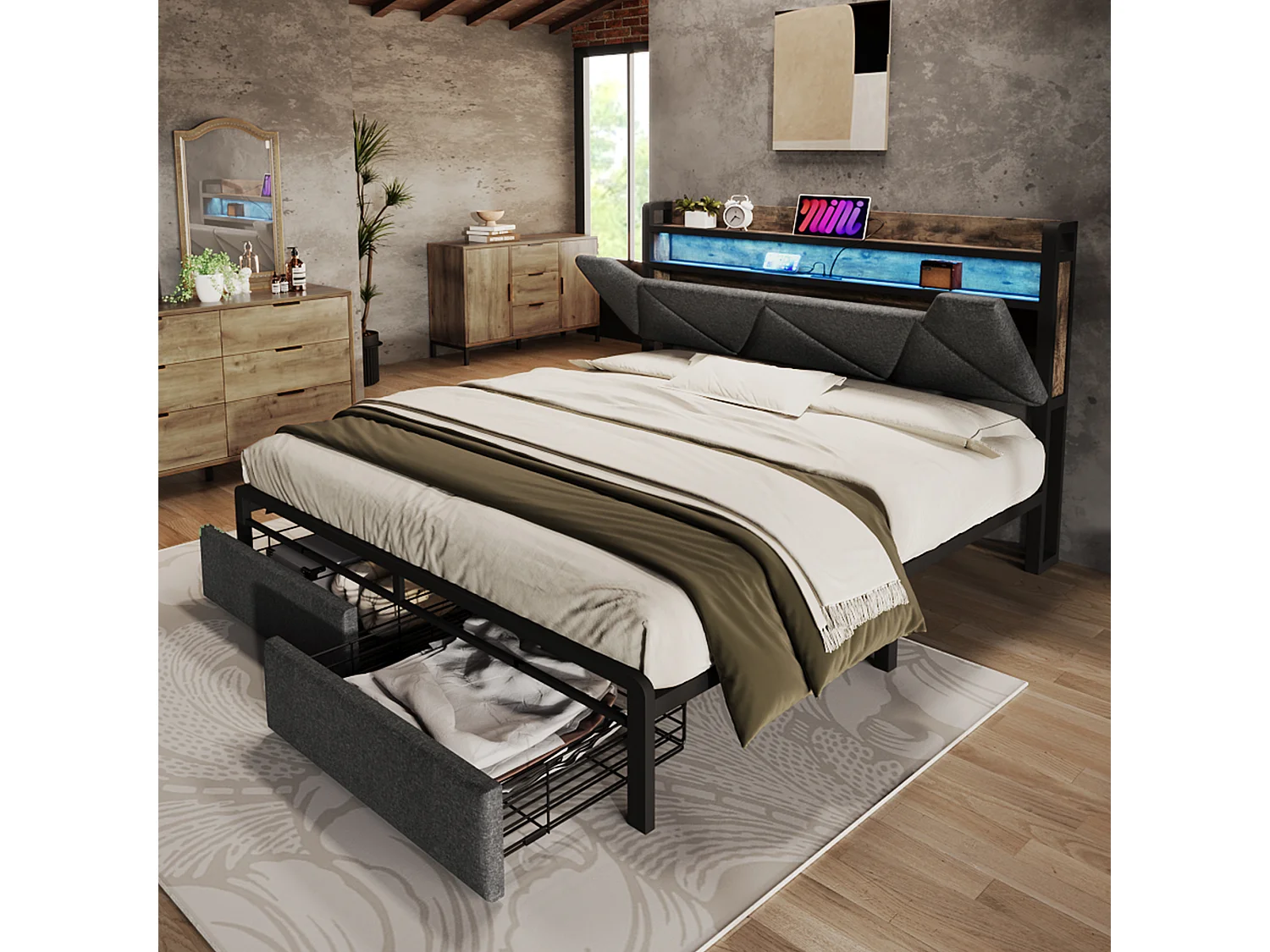 Lit rembourré double USB Type C avec tête de rangement, LED et tiroirs, 160×200, métal gris (avec matelas)