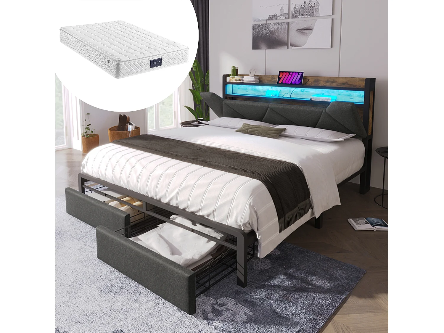 Lit rembourré double USB Type C avec tête de rangement, LED et tiroirs, 160×200, métal gris (avec matelas)