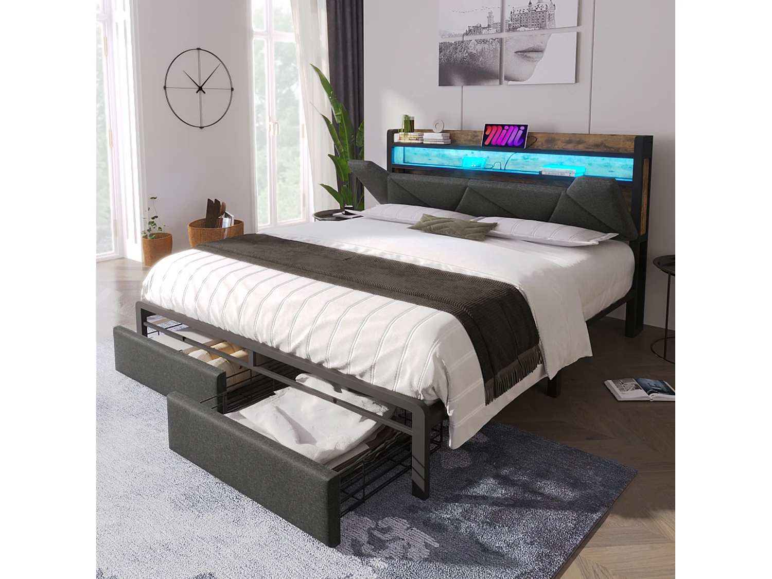 Lit rembourré double USB Type C avec tête de rangement, LED et tiroirs, 160×200, métal gris (avec matelas)