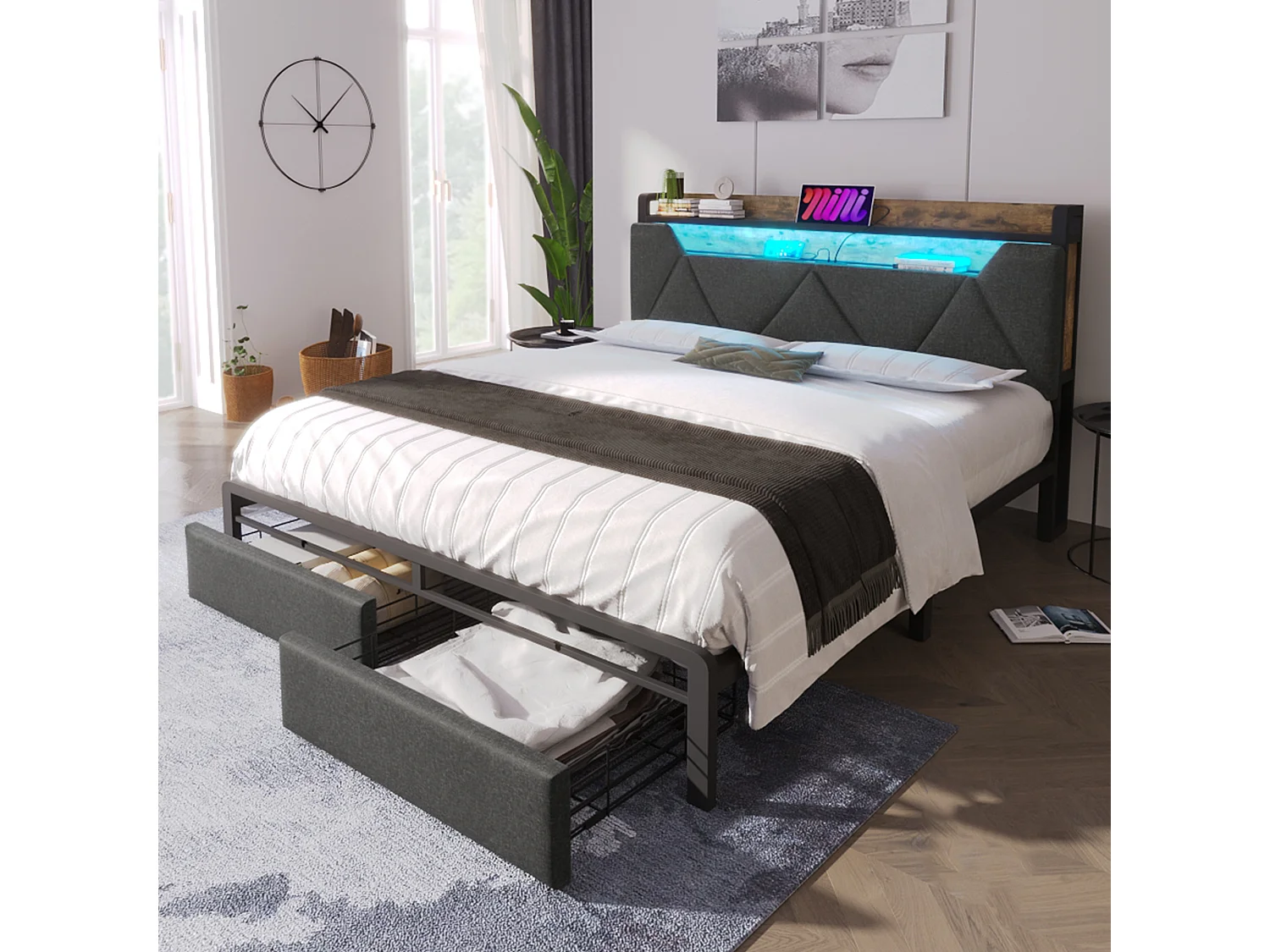 Lit rembourré double USB Type C avec tête de rangement, LED et tiroirs, 160×200, métal gris (avec matelas)