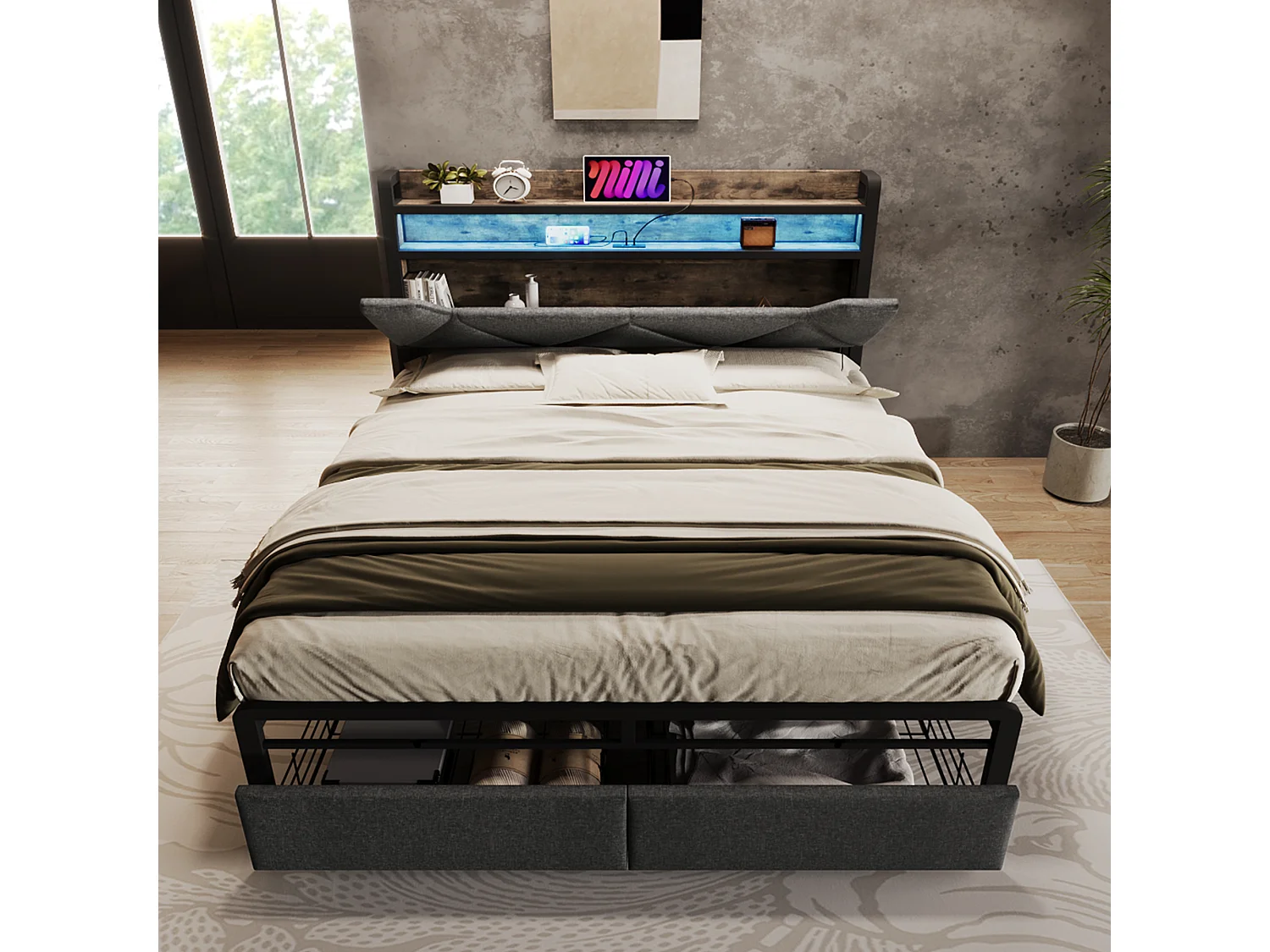 Lit rembourré double USB Type C avec tête de rangement, LED et tiroirs, 160×200, métal gris (avec matelas)