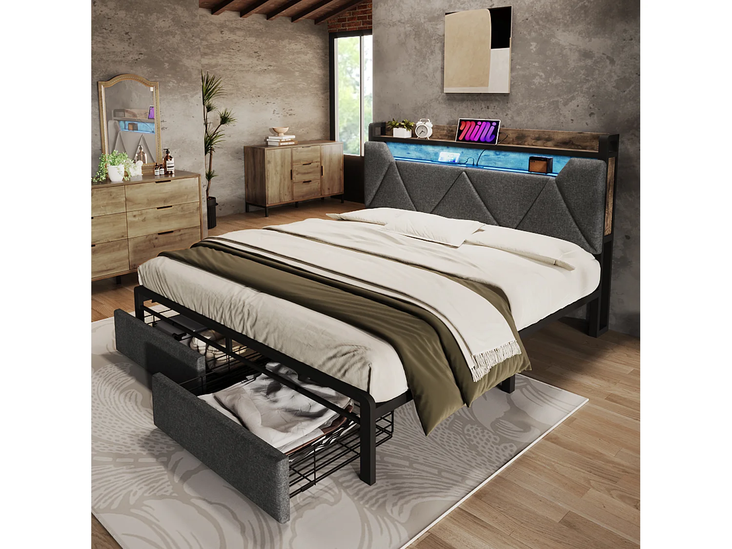 Lit rembourré double USB Type C avec tête de rangement, LED et tiroirs, 160×200, métal gris (avec matelas)
